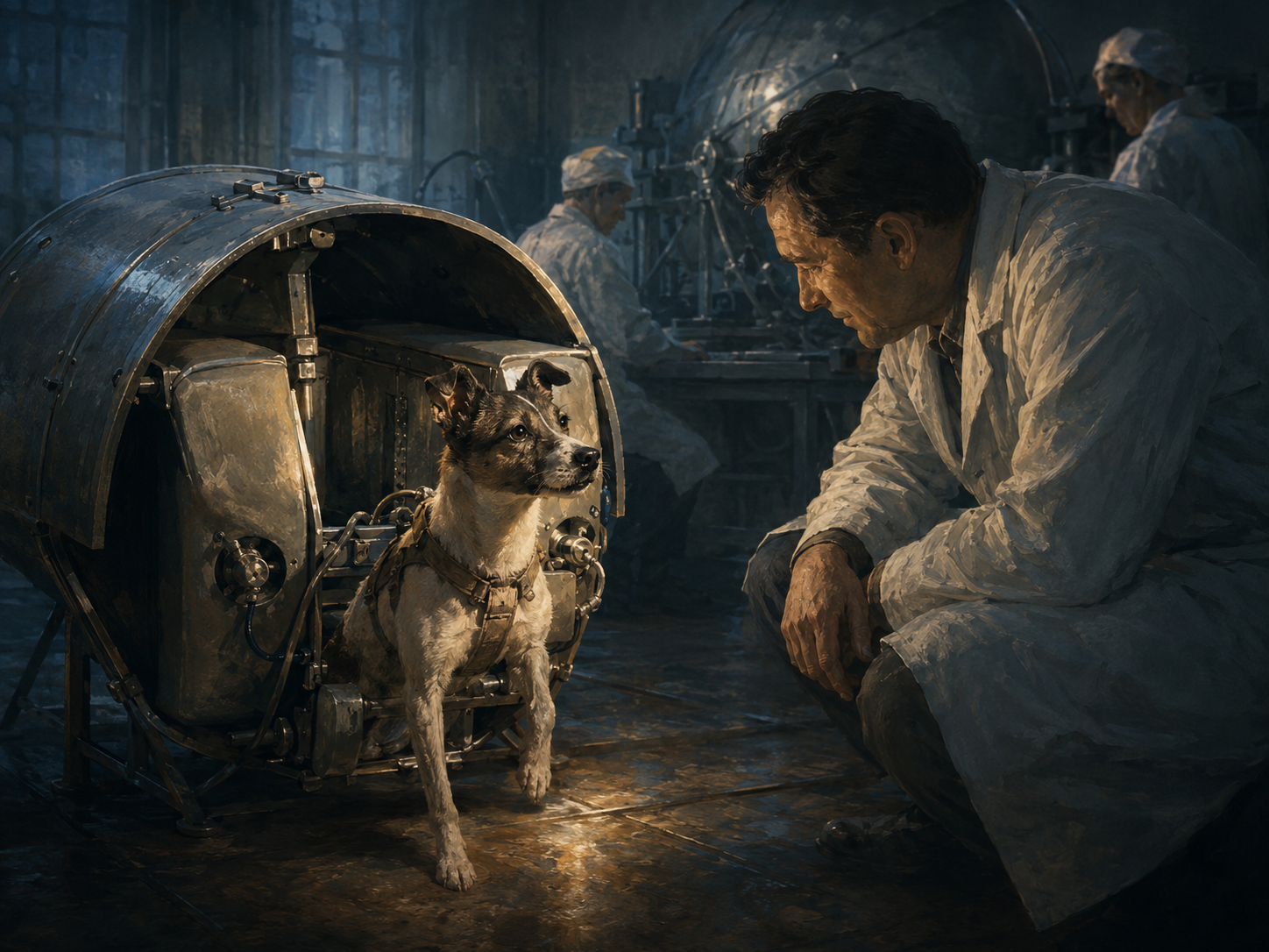 Laika in a Soviet laboratory with a scientist kneeling beside her.
