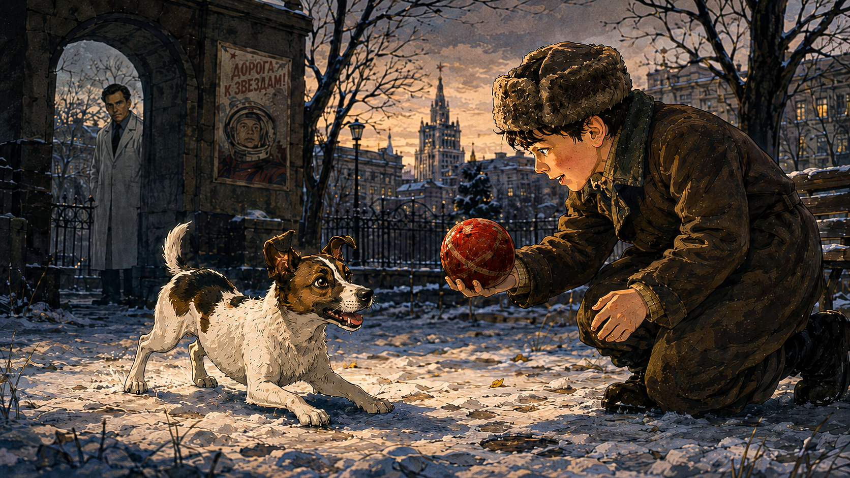 A young boy offers a red ball to Laika in a snowy Moscow courtyard.