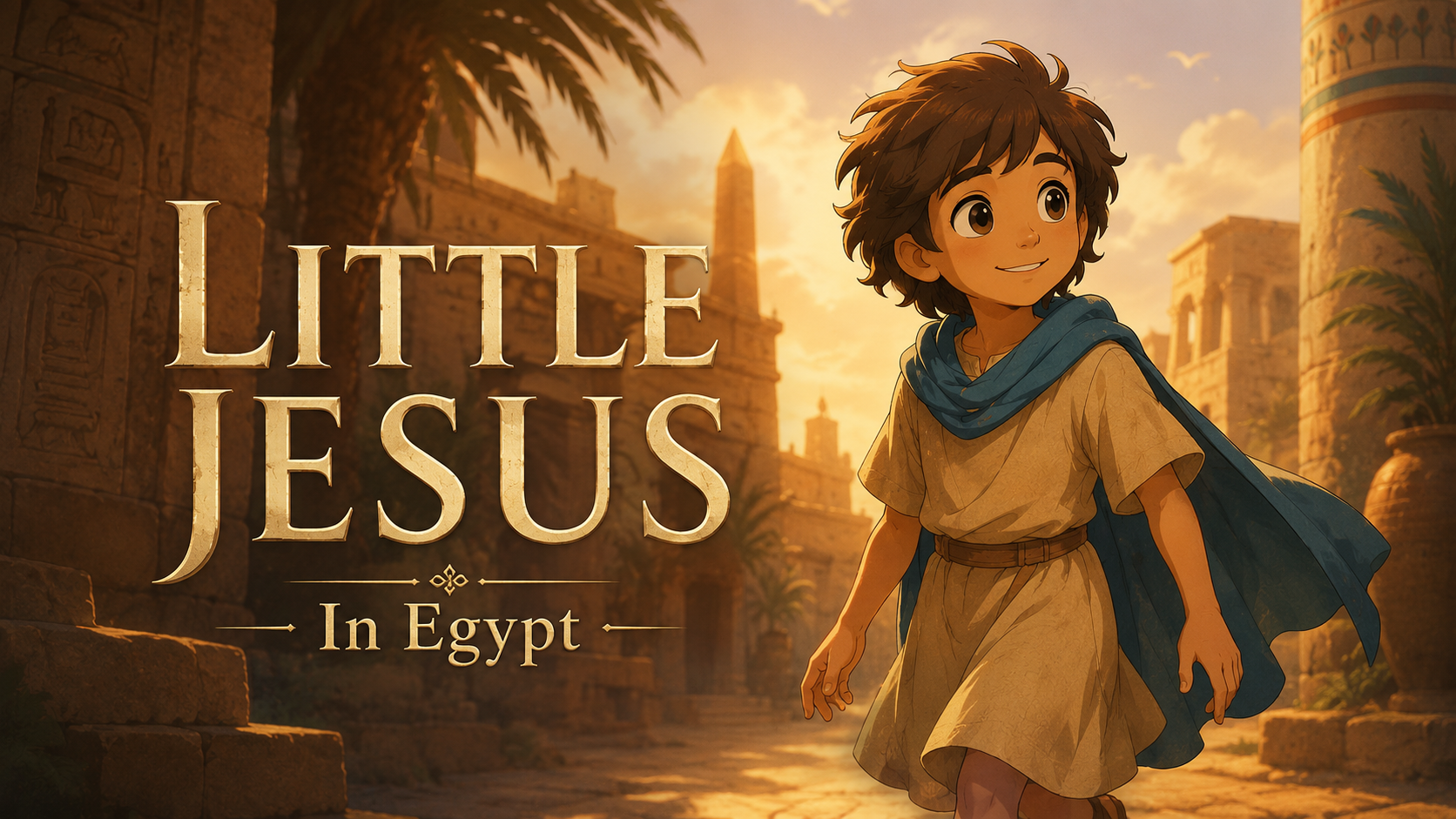 Little Jesus in Egypt title image with a child walking through sunlit Roman Egypt.