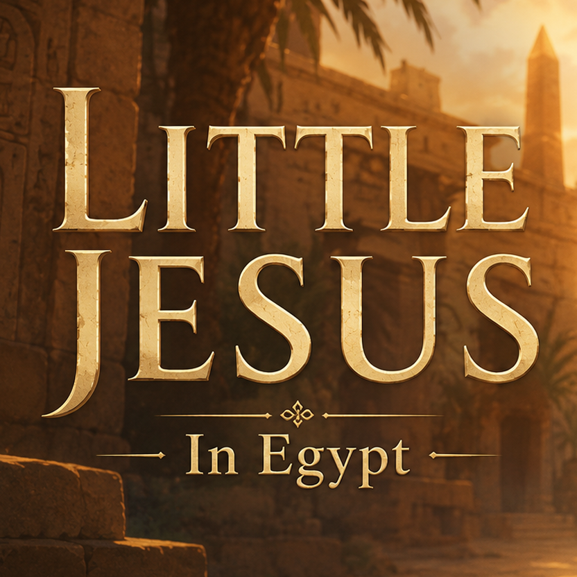 Little Jesus in Egypt square title treatment over ancient Egyptian architecture.